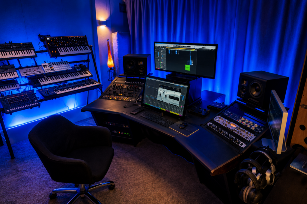 Studio de production musicale professionnel Oraison Sonore Studio avec équipement analogique et station de mixage haut de gamme
