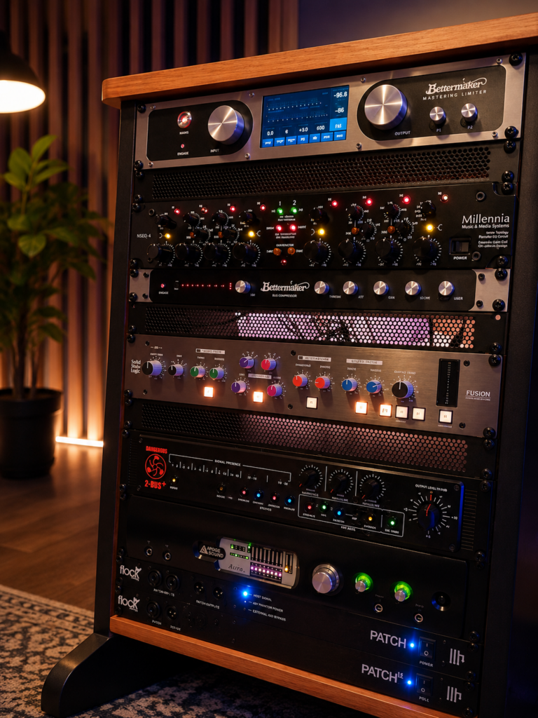 Équipements de mastering analogique professionnels dans un studio d’enregistrement à Mandelieu