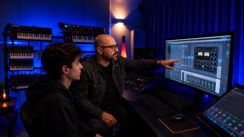 Cours de production musicale et mixage audio dans un studio d’enregistrement à Mandelieu