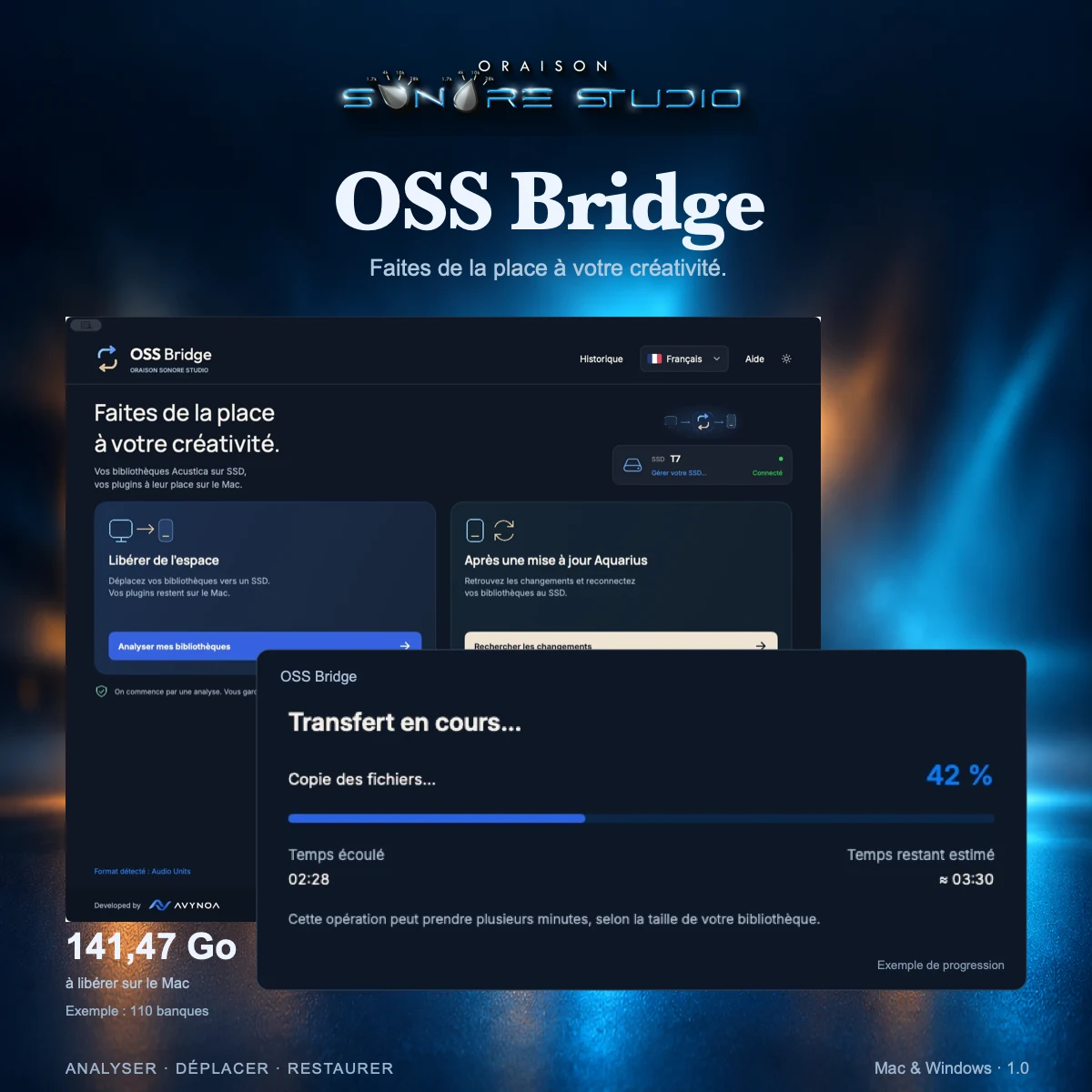 OSS Bridge : écran d’accueil et progression du transfert, sur un fond éclairé bleu et ambré.