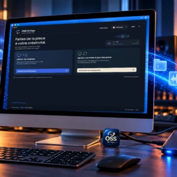 Illustration OSS Bridge dans un studio audio, avec l’interface authentique sur le Mac et un SSD externe connecté