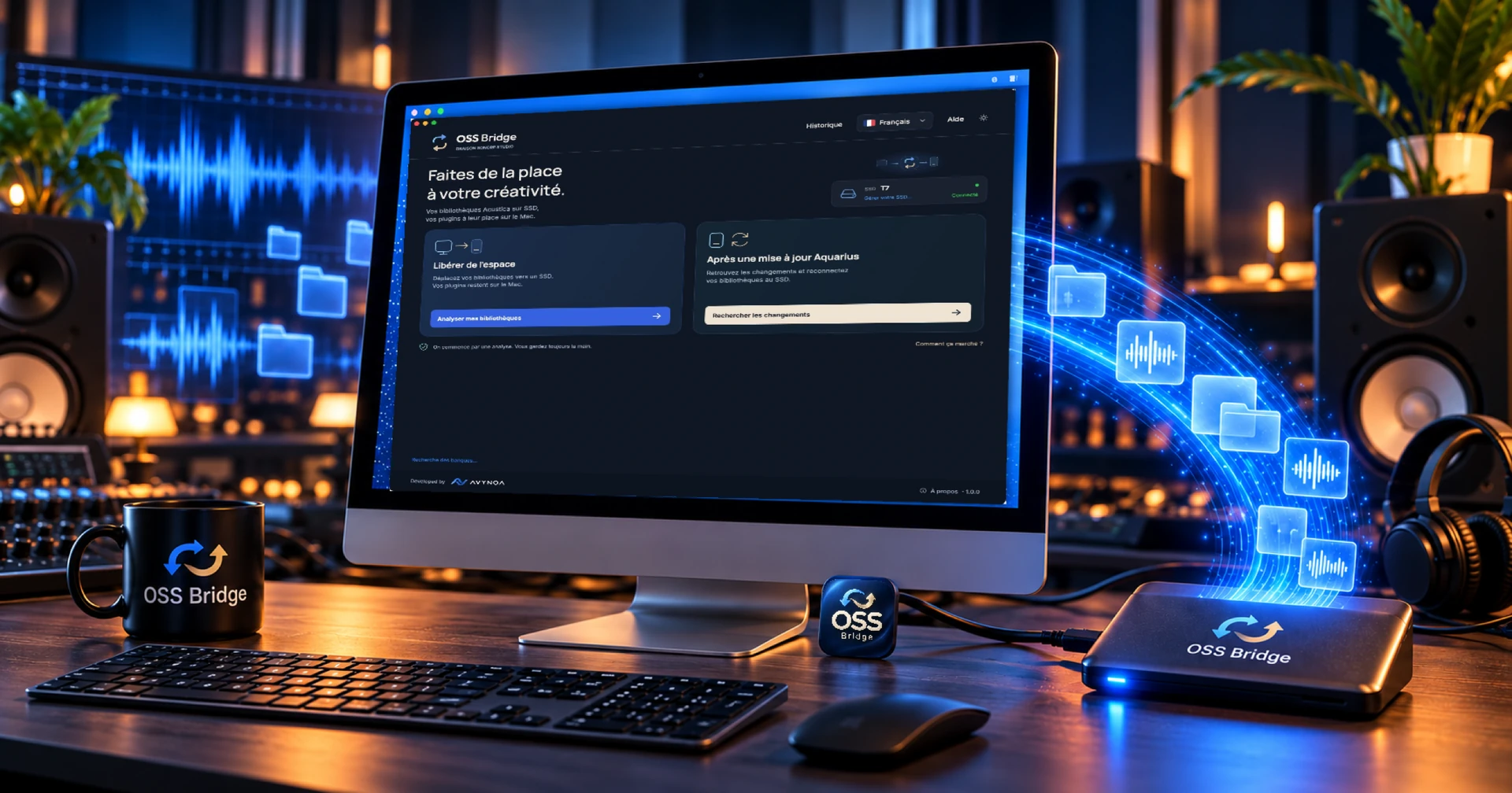 Illustration OSS Bridge : le Mac affiche l’interface réelle de l’application, relié à un SSD externe