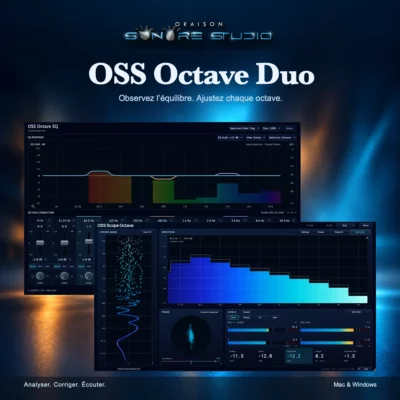 OSS Octave Duo : OSS Octave EQ et OSS Scope Octave superposés, avec un éclairage bleu et ambré.
